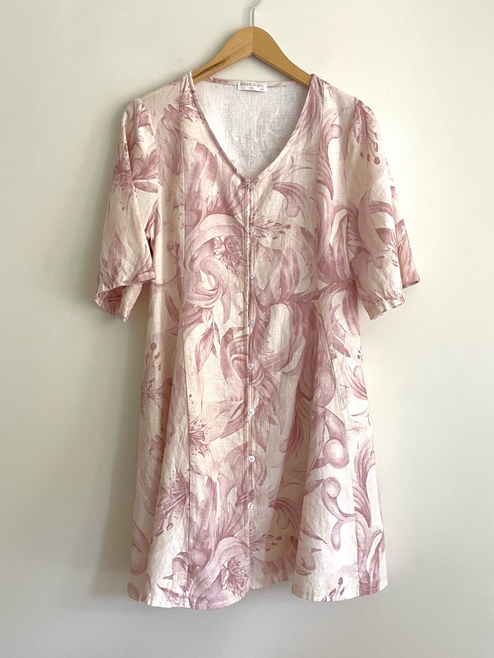 Spighe Di Lino Linen Cotton Floral Print Button Front Shortsleeve Dress